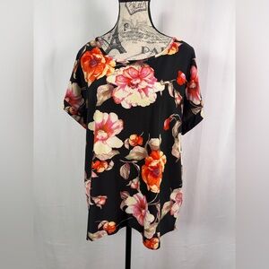 Tacera Black & Orange Vibrant Floral Print Casual Chic Blouse Size L